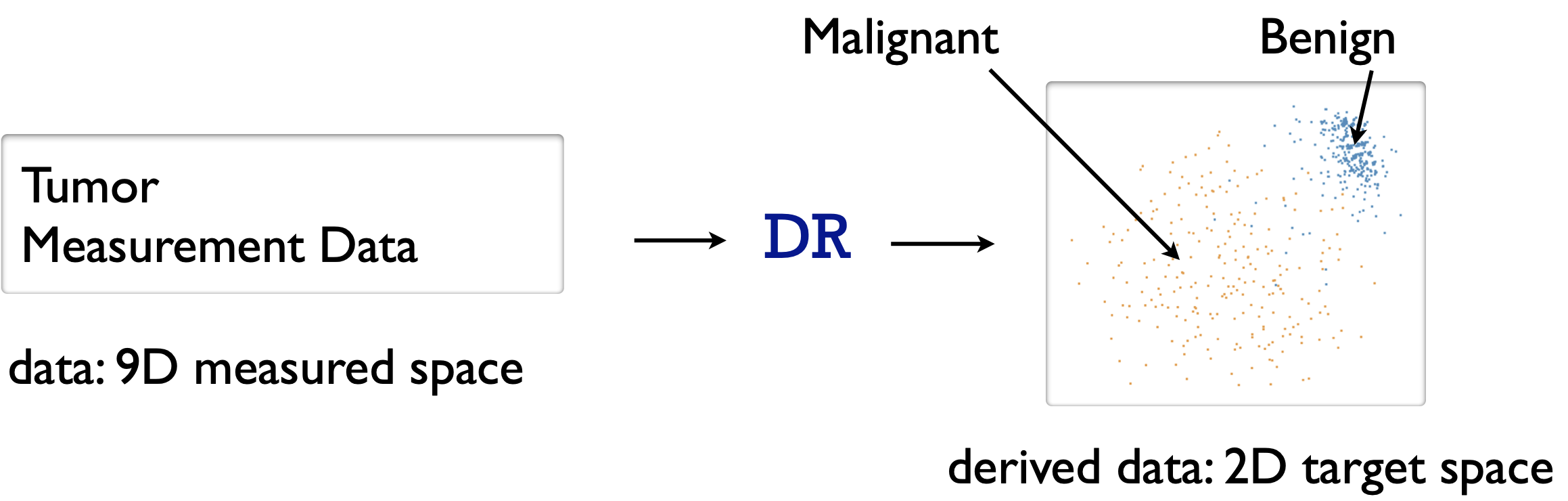 Taking tumor measurement data in 9D measured space and running dimensionality reduction derives that data in a 2D target space where it is easier to see groupings of benign and malignant tumors